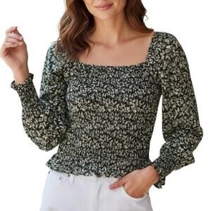 Madewell Floral Green Georgette Smock-Waist Top in Forest Leaves, Size Large